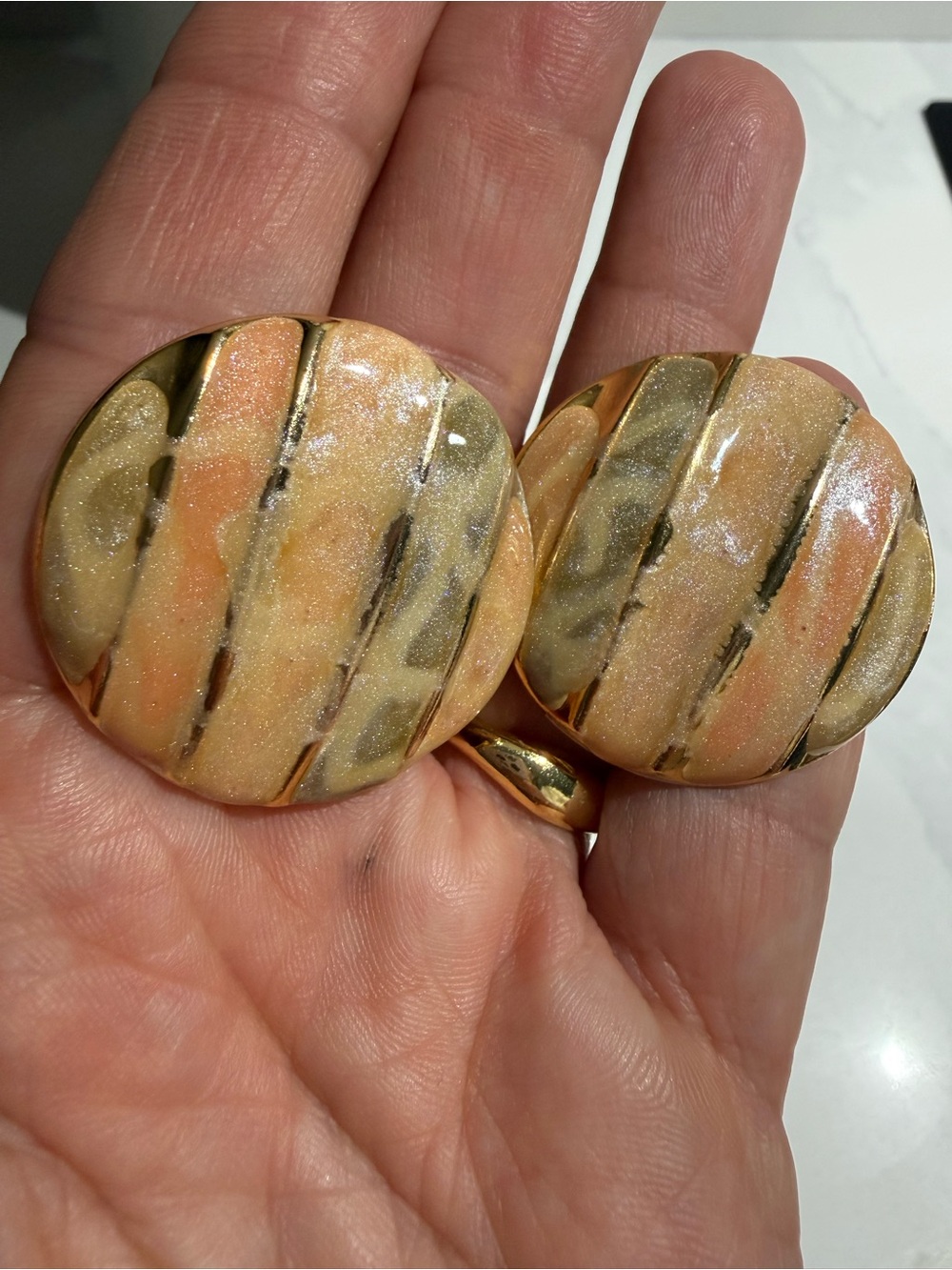Gold-Tone Peach Stripe Round Clip-On Earrings